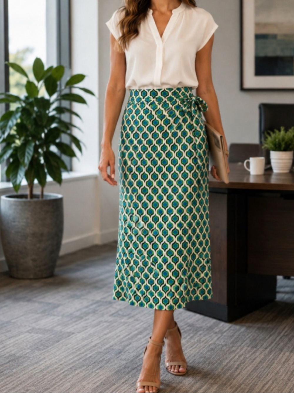 JOIE Faux Wrap midi Skirt geometric pattern